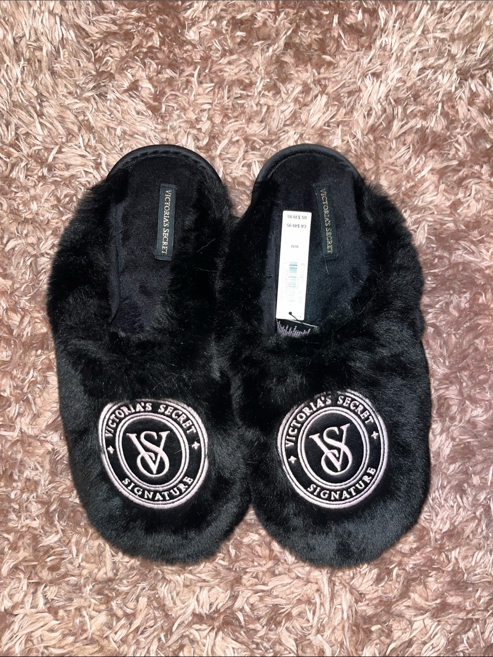 Victoria's Secret Black Faux Fur Signature Slip-On Slippers